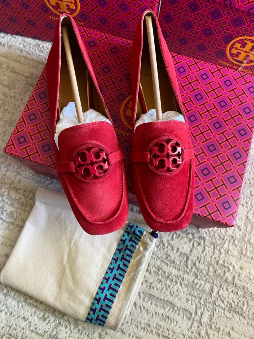 Tory Burch Red Suede Metal Miller Loafers